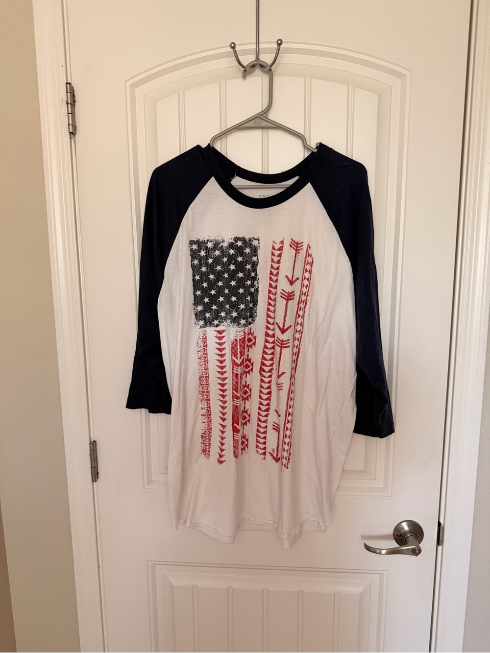 Crazy Train White Baseball Tee with Navy Sleeves and Red Flag Motif